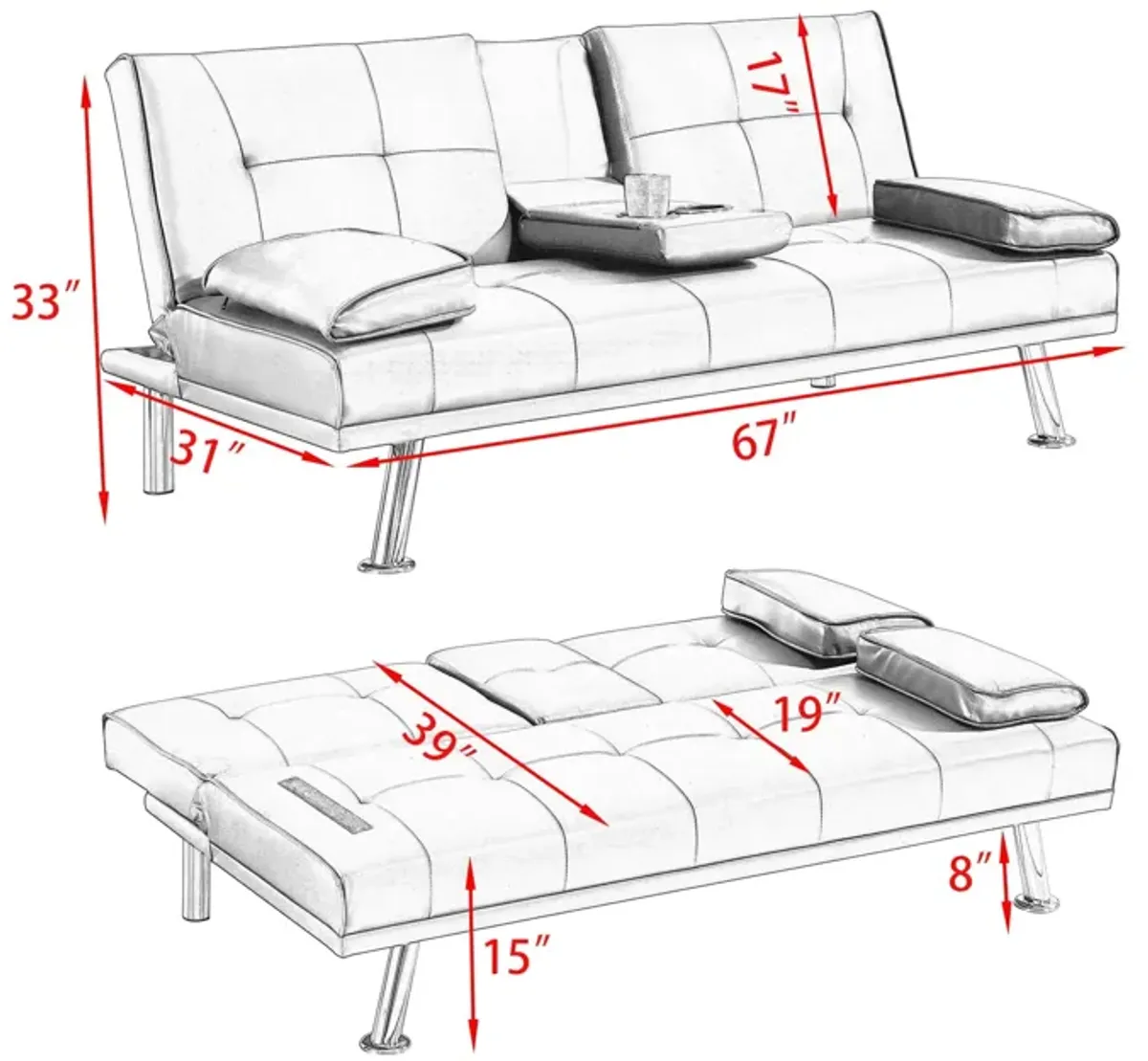 Leather Multifunctional Double Folding Sofa Bed For Office With Coffee Table