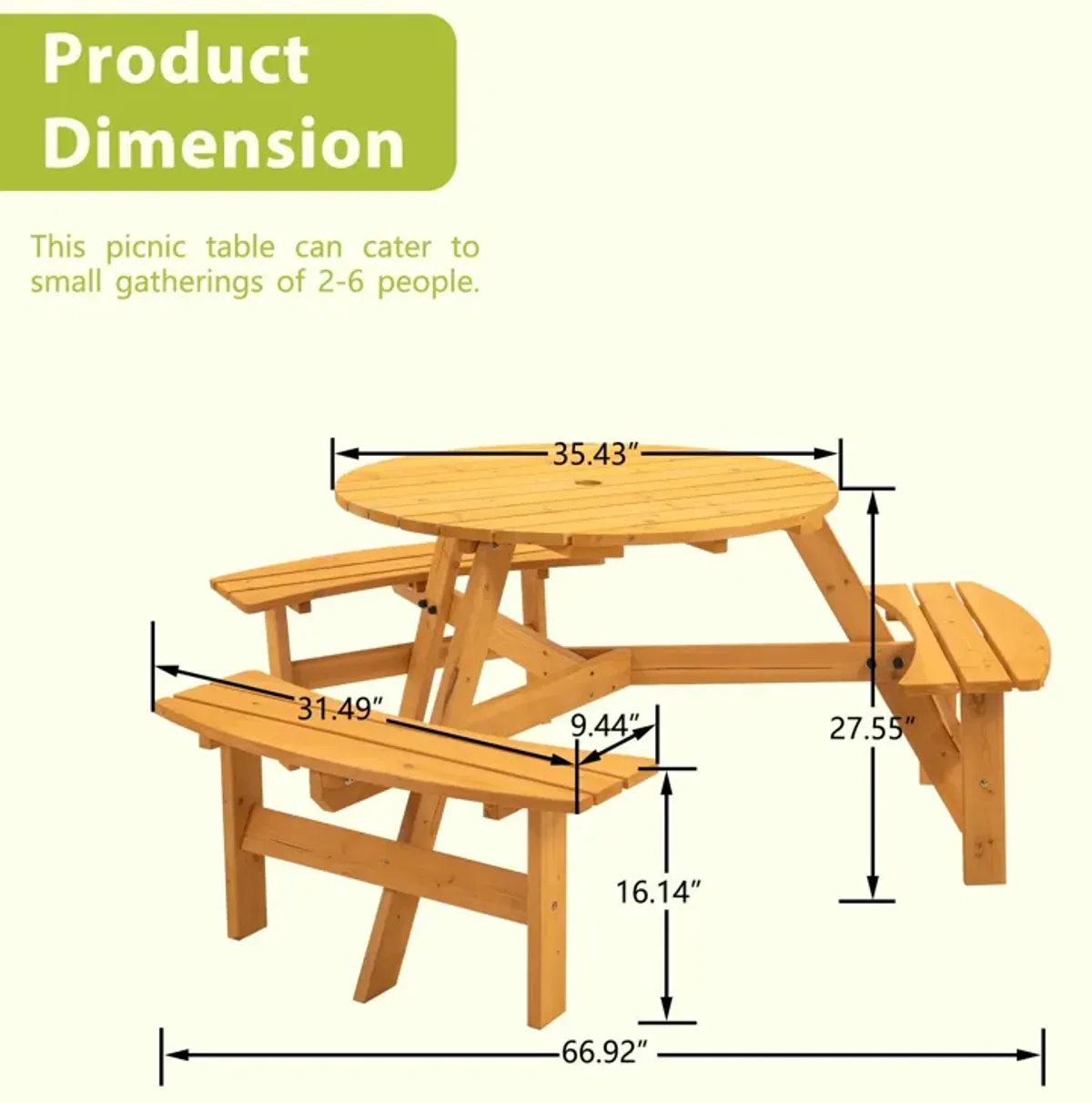 6 Person Circular Outdoor Wooden Picnic Table For Patio, Backyard, Garden, Diy With 3 Built-In Benches, 1720Lb Capacity