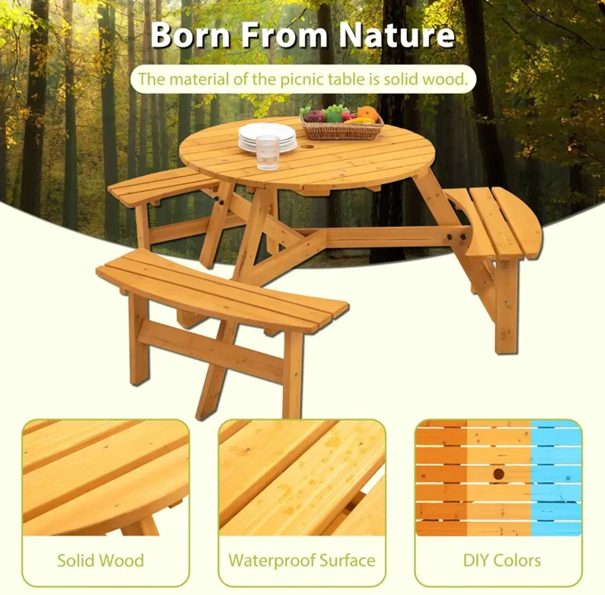 6 Person Circular Outdoor Wooden Picnic Table For Patio, Backyard, Garden, Diy With 3 Built-In Benches, 1720Lb Capacity