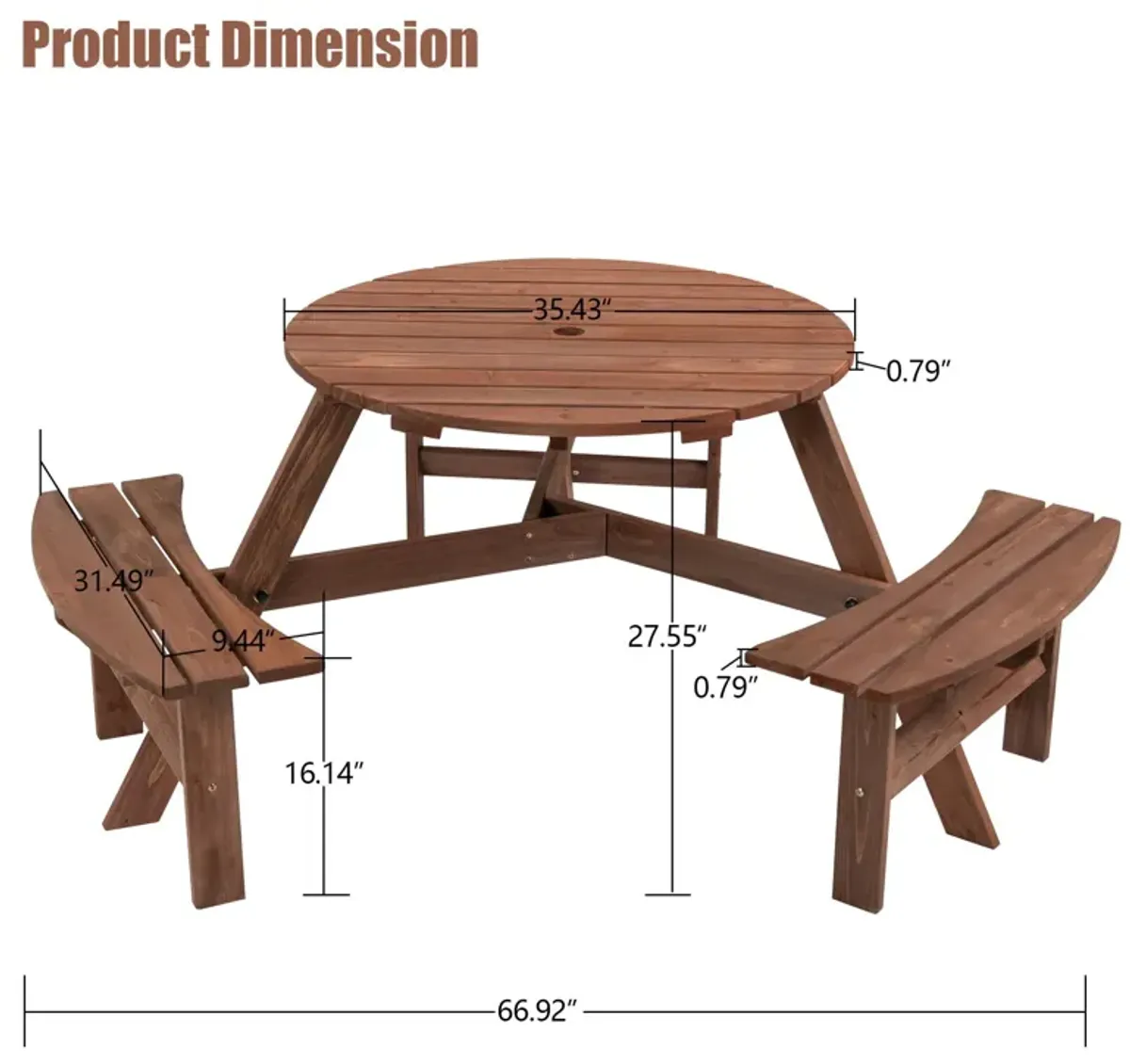 6 Person Circular Outdoor Wooden Picnic Table For Patio, Backyard, Garden, Diy With 3 Built-In Benches, 1720Lb Capacity