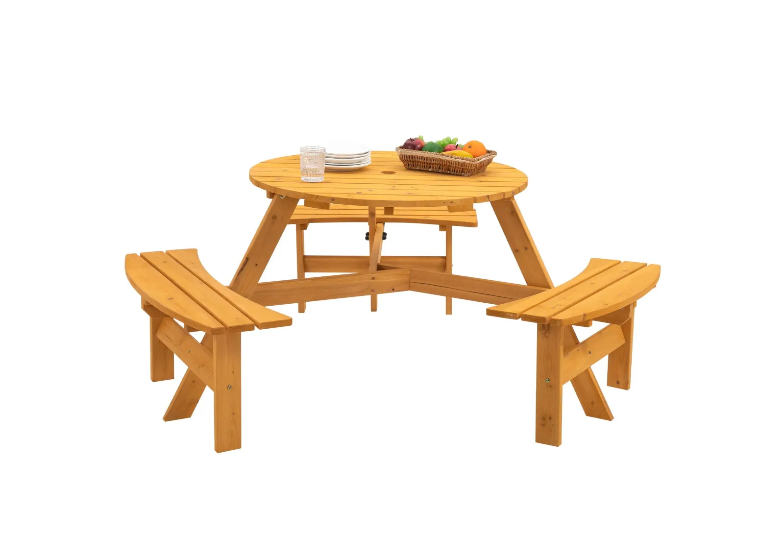 6 Person Circular Outdoor Wooden Picnic Table For Patio, Backyard, Garden, Diy With 3 Built-In Benches, 1720Lb Capacity