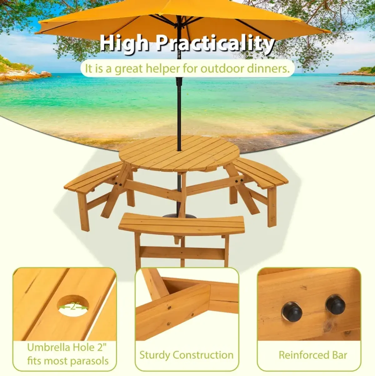 6 Person Circular Outdoor Wooden Picnic Table For Patio, Backyard, Garden, Diy With 3 Built-In Benches, 1720Lb Capacity