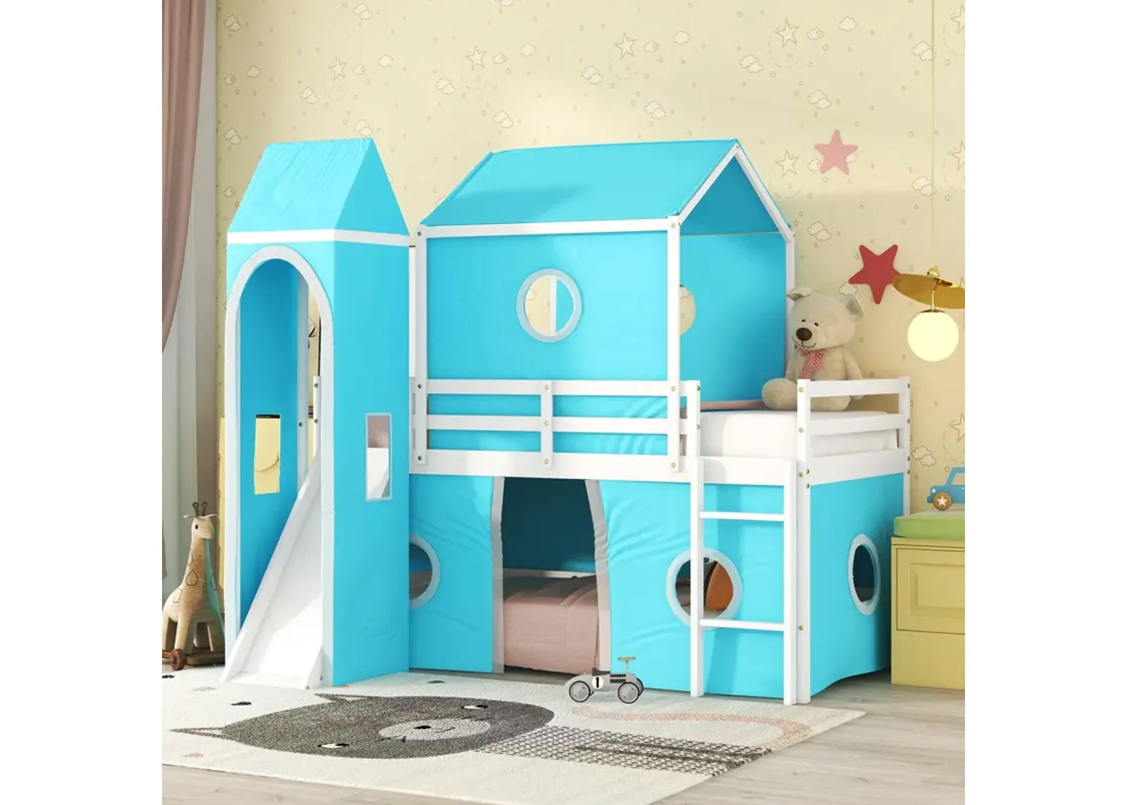 Loft Bed With Slide Tent And Tower