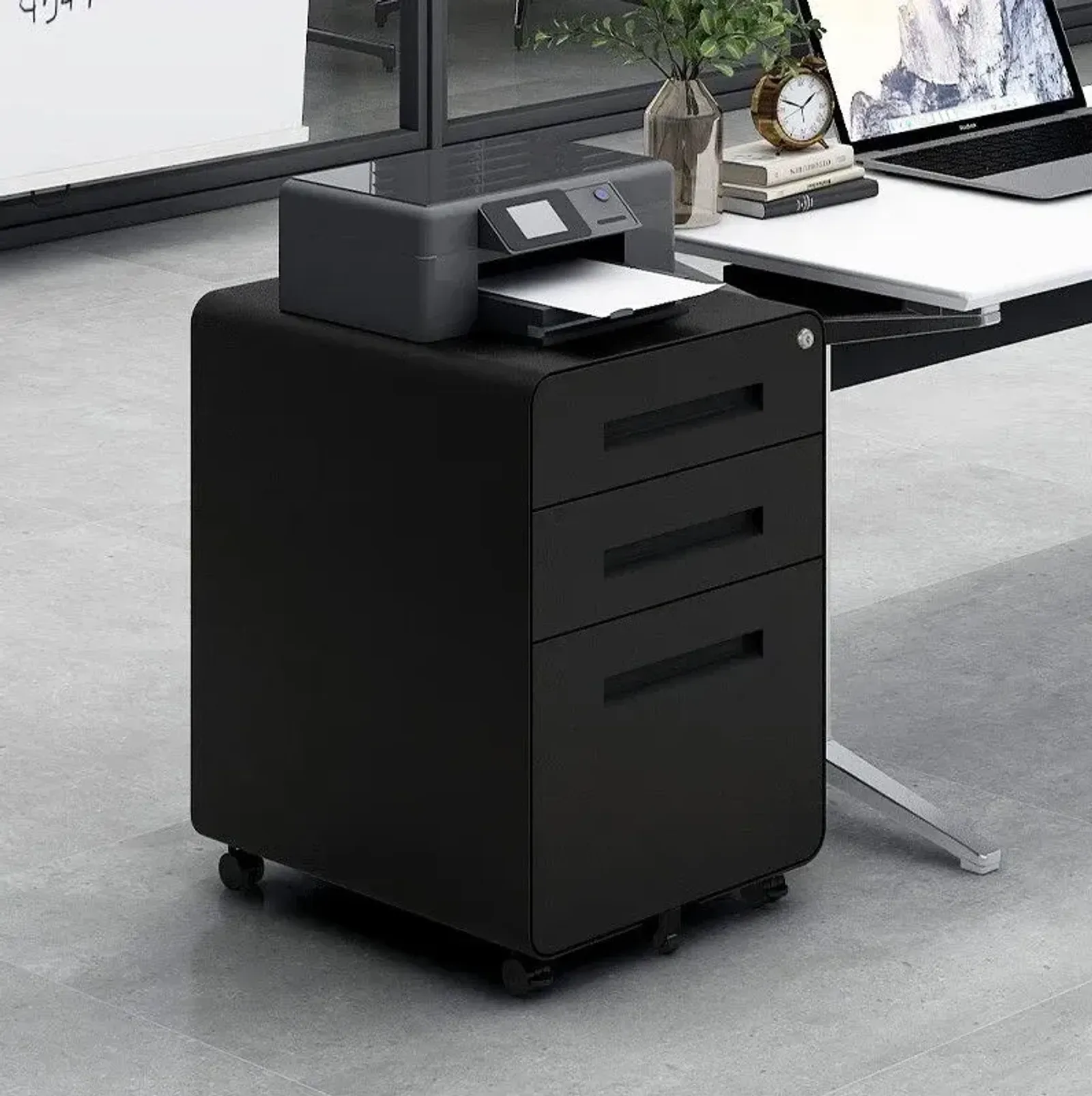 3 Drawer Mobile File Cabinet Under Desk Office, Simple Style Versatile Storage Cabinet For Legal / Letter / A4 Files, 5 Wheel Design Anti-Tilting Cold Rolled Steel Waterproof Moisture-Proof