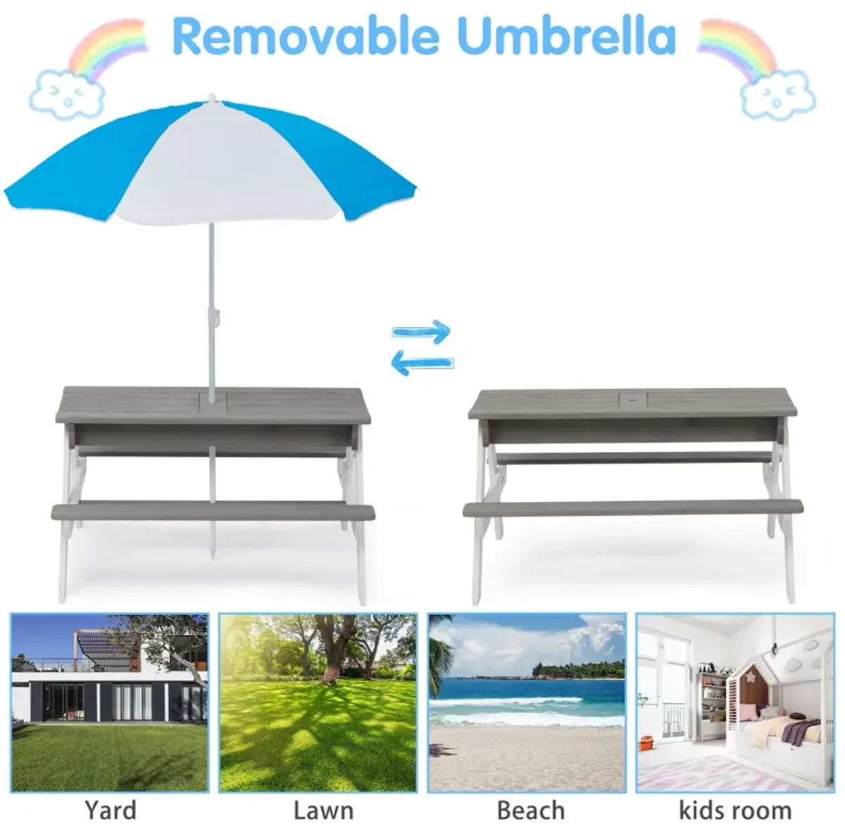 3-In-1 Kids Outdoor Wooden Picnic Table With Umbrella, Convertible Sand & Water, ASTM & CPSIA Certification