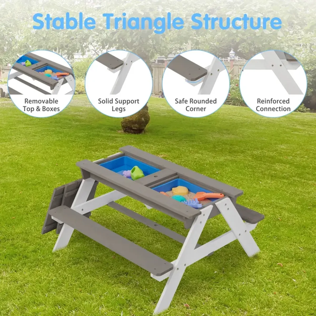 3-In-1 Kids Outdoor Wooden Picnic Table With Umbrella, Convertible Sand & Water, ASTM & CPSIA Certification