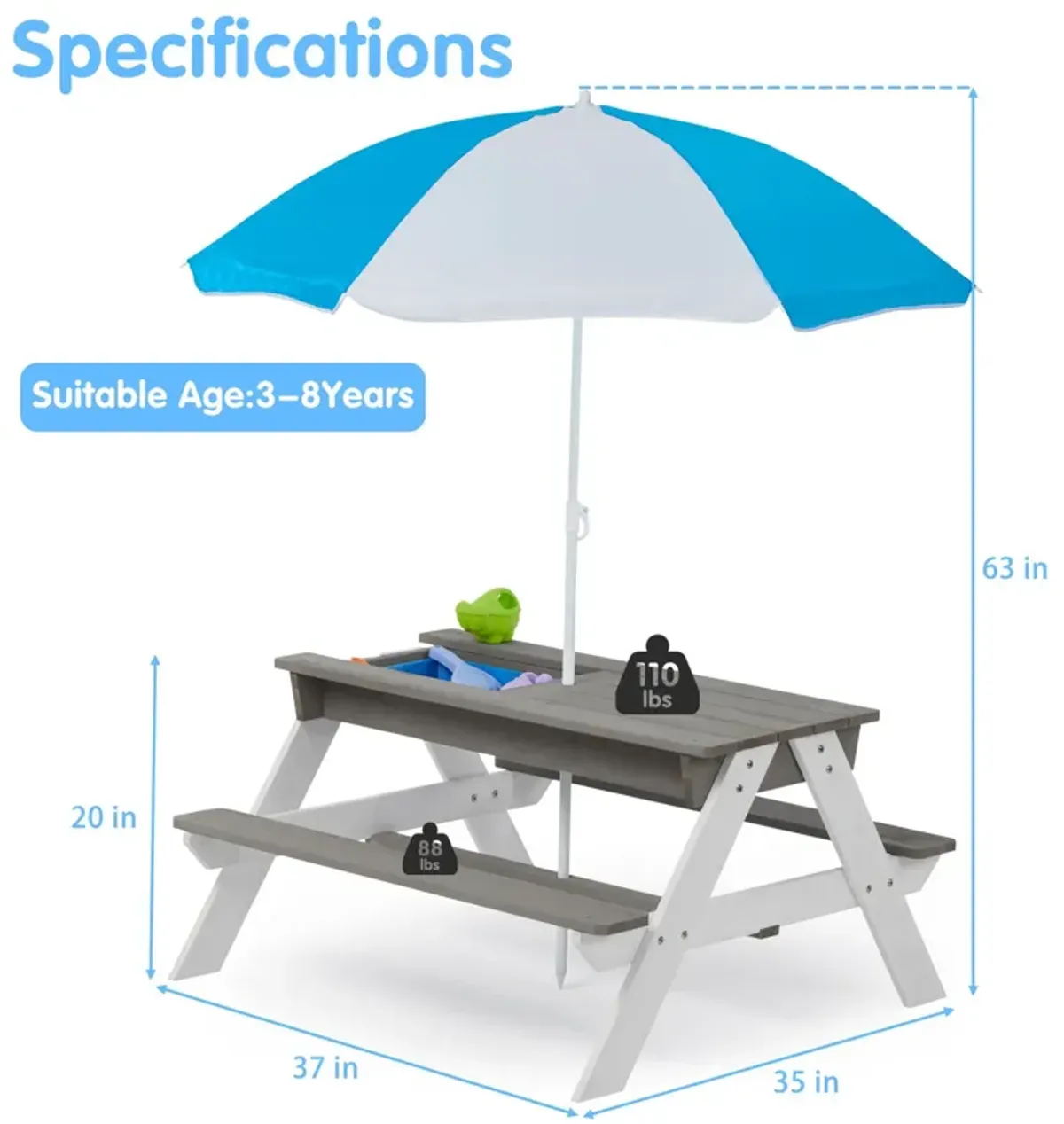 3-In-1 Kids Outdoor Wooden Picnic Table With Umbrella, Convertible Sand & Water, ASTM & CPSIA Certification