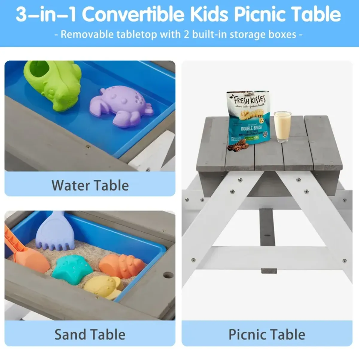 3-In-1 Kids Outdoor Wooden Picnic Table With Umbrella, Convertible Sand & Water, ASTM & CPSIA Certification