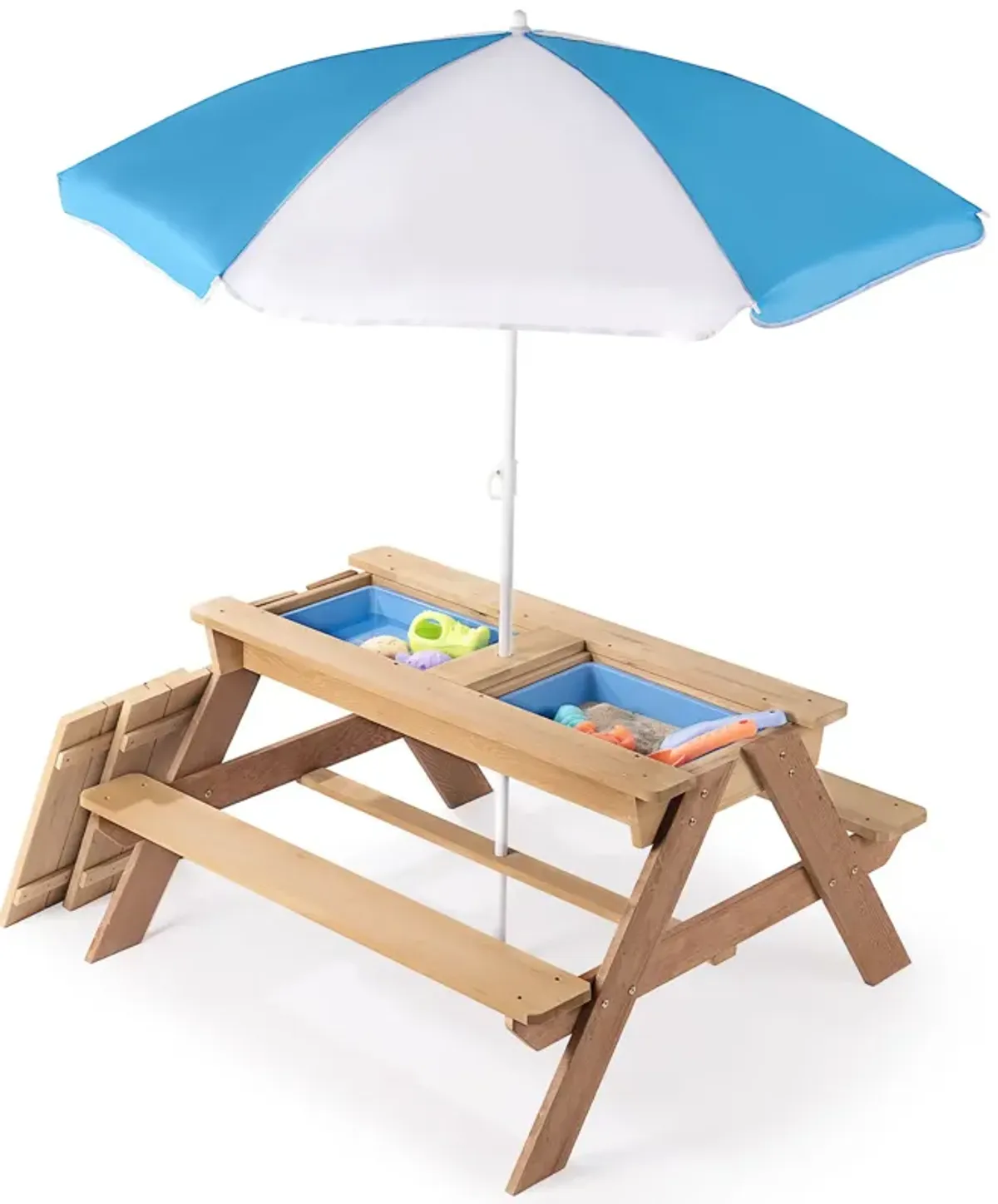 3-In-1 Kids Outdoor Wooden Picnic Table With Umbrella, Convertible Sand & Water, ASTM & CPSIA Certification