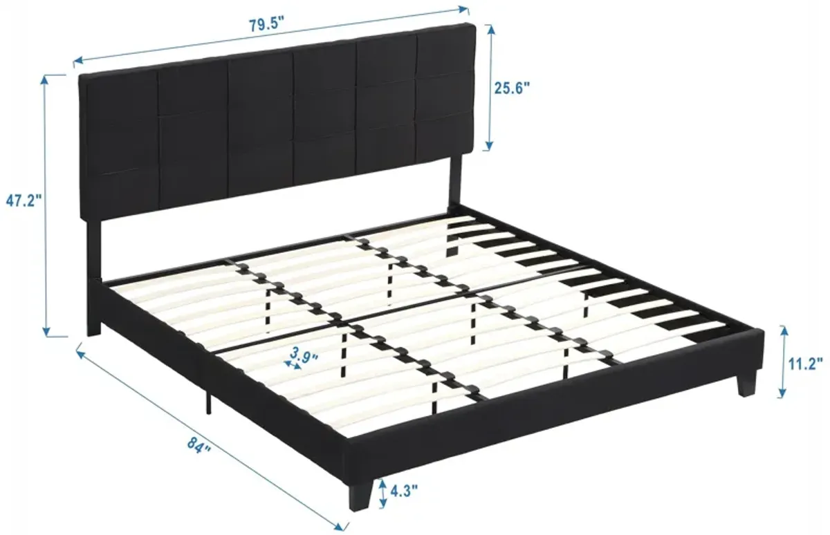 King Size Upholstered Platform Bed Frame With Button Tufted Linen Fabric Headboard, No Box Spring Needed, Wood Slat Support