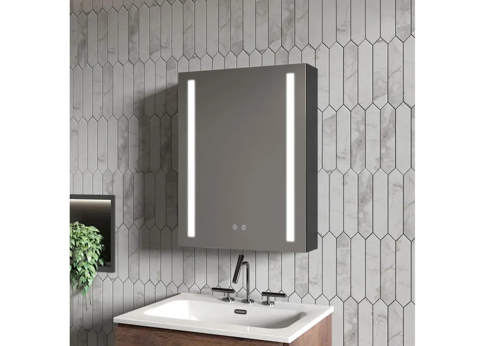 20" W x 26" H Modern Wall Mounted LED Frontlit Bathroom Mirror Cabinet With Us Standard Plug, Temperature Adjustable, Memory Touch Switch, Large Storage - Silver