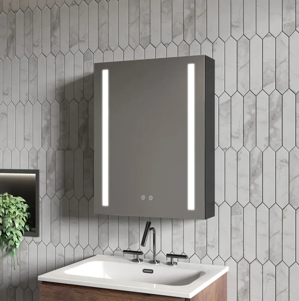 20" W x 26" H Modern Wall Mounted LED Frontlit Bathroom Mirror Cabinet With Us Standard Plug, Temperature Adjustable, Memory Touch Switch, Large Storage - Silver