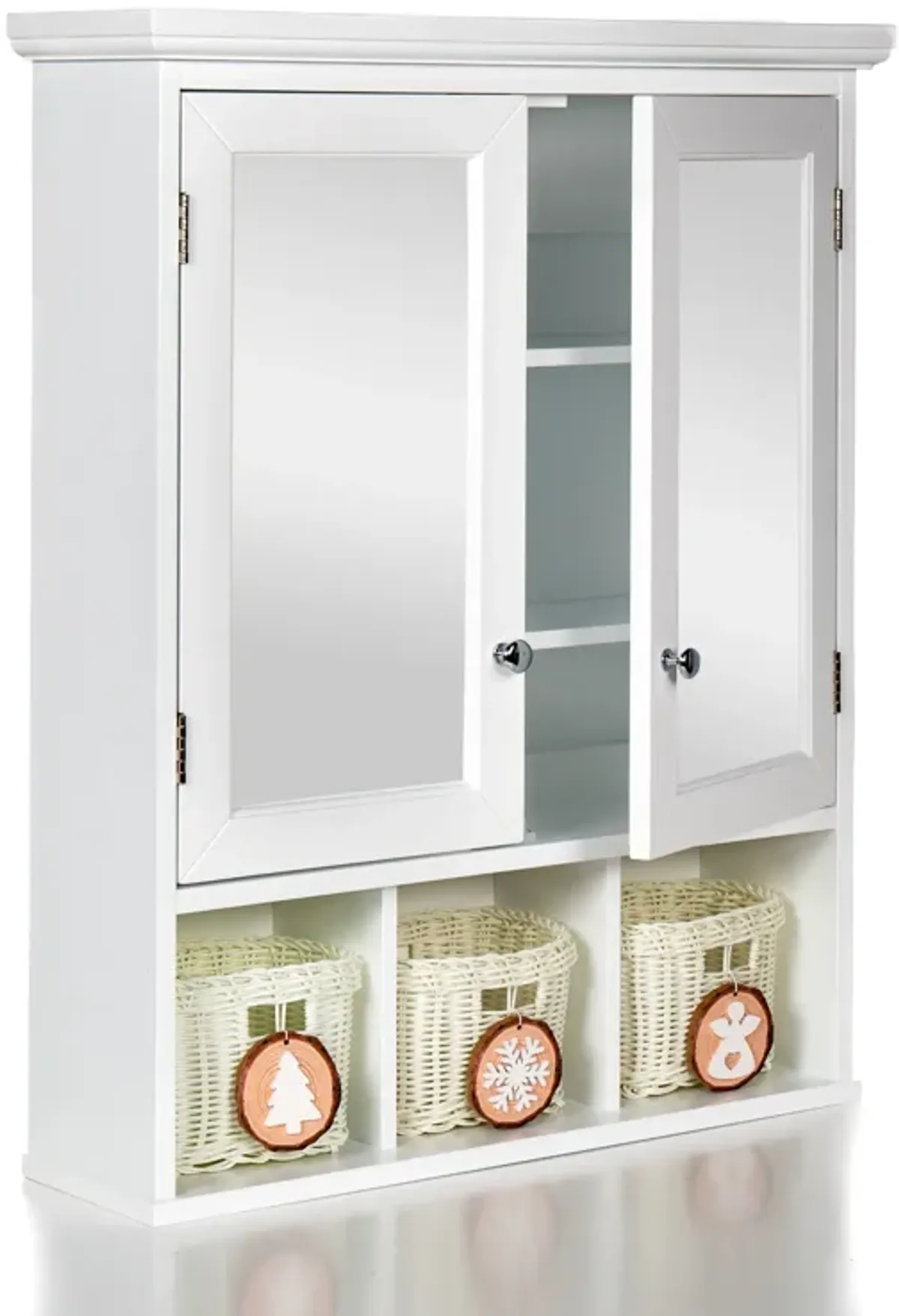 Bathroom Storage Cabinet, Medicine Cabinets For Bathroom With Mirror, 2 Doors 2 Adjustable Shelf & 3 Christmas Style Storage Basket - White