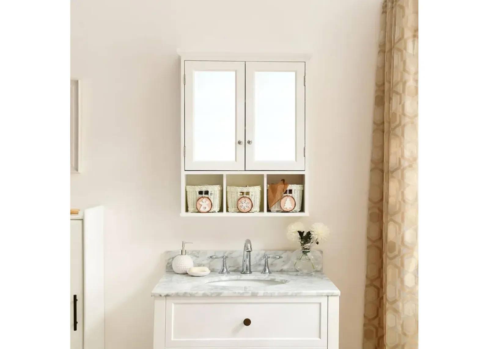 Bathroom Storage Cabinet, Medicine Cabinets For Bathroom With Mirror, 2 Doors 2 Adjustable Shelf & 3 Christmas Style Storage Basket - White