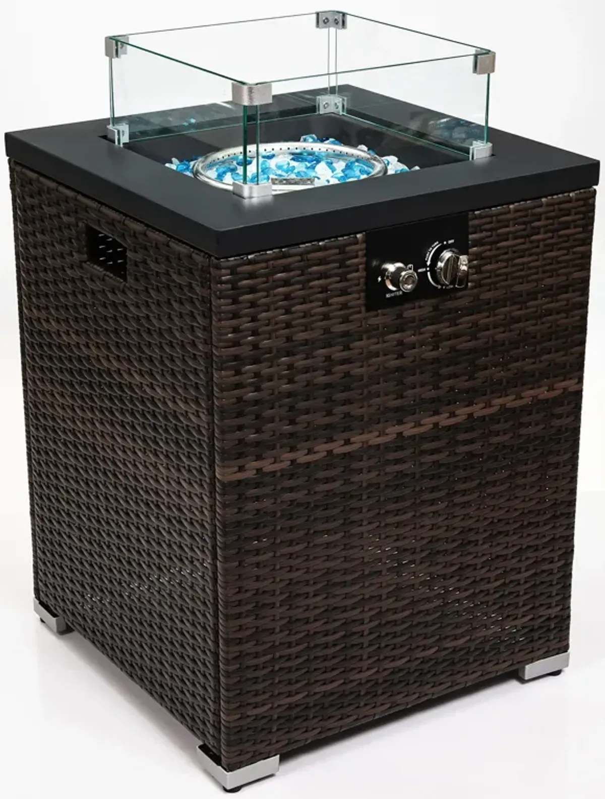 Wicker Fire Pit Column With Glass Wind Guard - Dark Brown