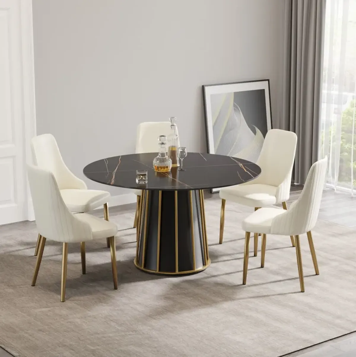 Modern Artificial Stone Round Metal Iron Base Dining Table, Can Accommodate 6 People (Not Including Chairs.) - Black