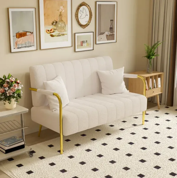 Sofa Teddy Fleece, Two Throw Pillows, Suitable For Living Room, Apartment, Home Office - Beige