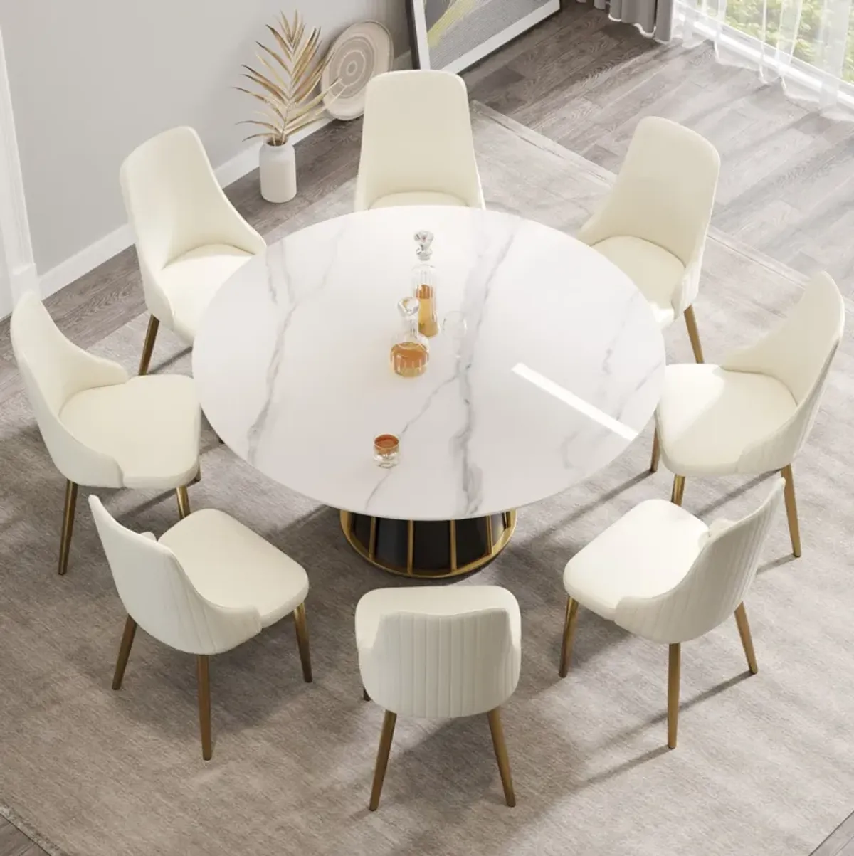 59.05" Modern Artificial Stone Round Panel Metal Iron Base Dining Table, Can Accommodate 8 People, (Not Including Chairs) - White / Black