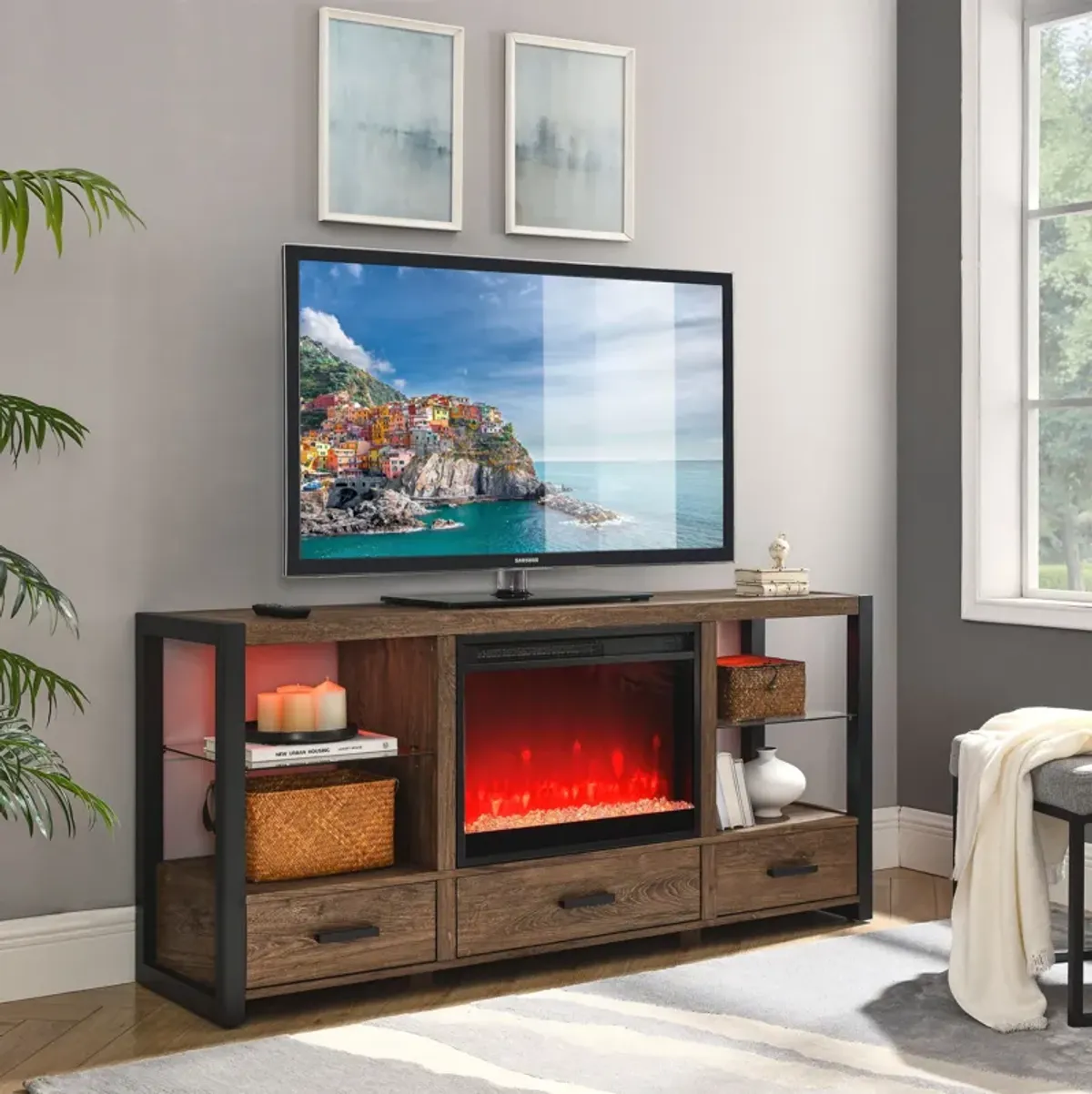 Electric Fireplace Media TV Stand With Sync Colorful LED Lights