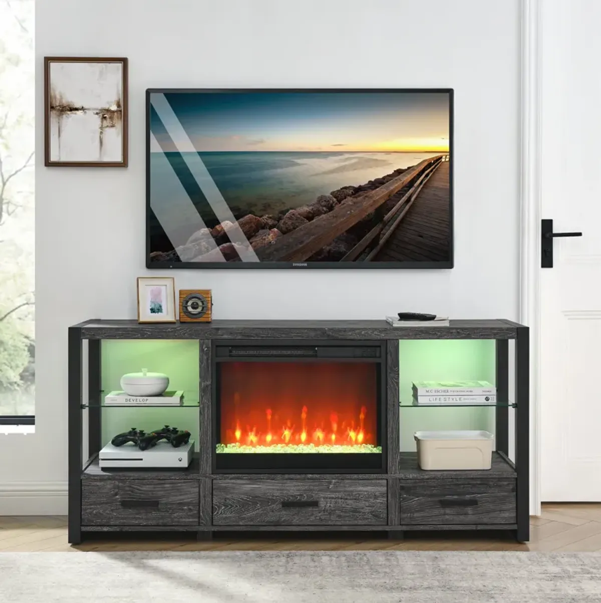 Electric Fireplace Media TV Stand With Sync Colorful LED Lights