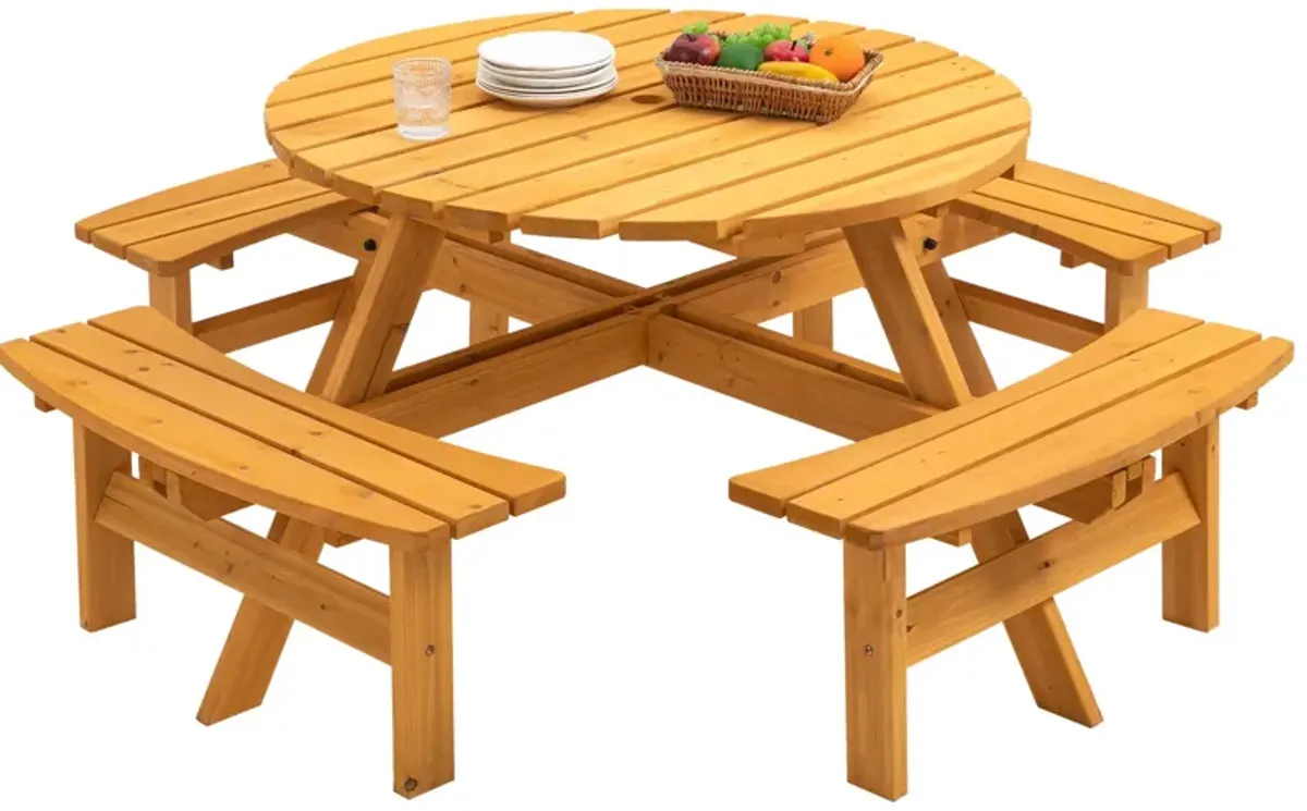 8 Person Wooden Picnic Table, Outdoor Camping Dining Table With Seat, Garden, Diy With 4 Built-In Benches, 2220Lb Capacity