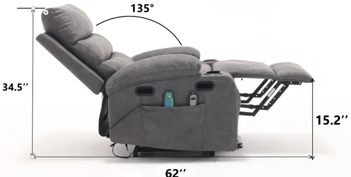 Large Size Electric Power Lift Recliner Chair Sofa For Elderly, 8 Point Vibration Massage And Lumber Heat, Remote Control, Side Pockets And Cup Holders