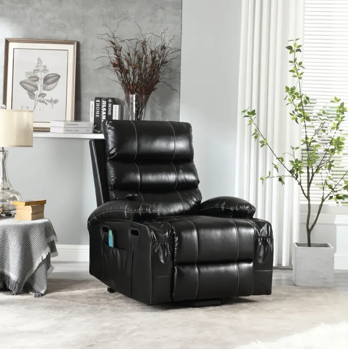 Large Size Electric Power Lift Recliner Chair Sofa For Elderly, 8 Point Vibration Massage And Lumber Heat, Remote Control, Side Pockets And Cup Holders