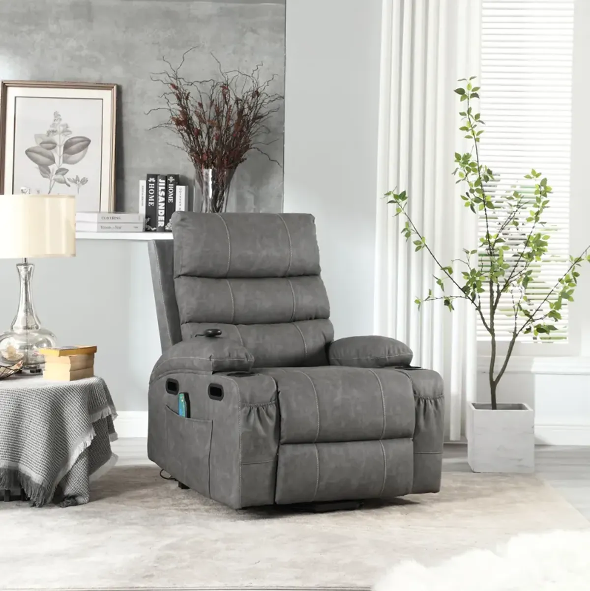 Large Size Electric Power Lift Recliner Chair Sofa For Elderly, 8 Point Vibration Massage And Lumber Heat, Remote Control, Side Pockets And Cup Holders