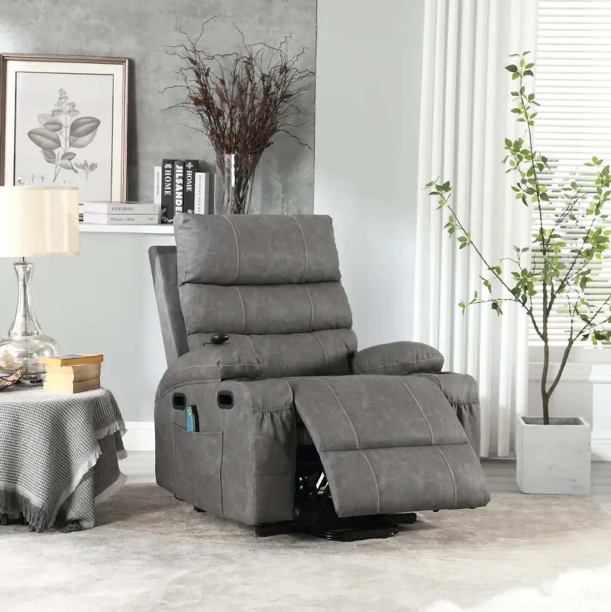 Large Size Electric Power Lift Recliner Chair Sofa For Elderly, 8 Point Vibration Massage And Lumber Heat, Remote Control, Side Pockets And Cup Holders