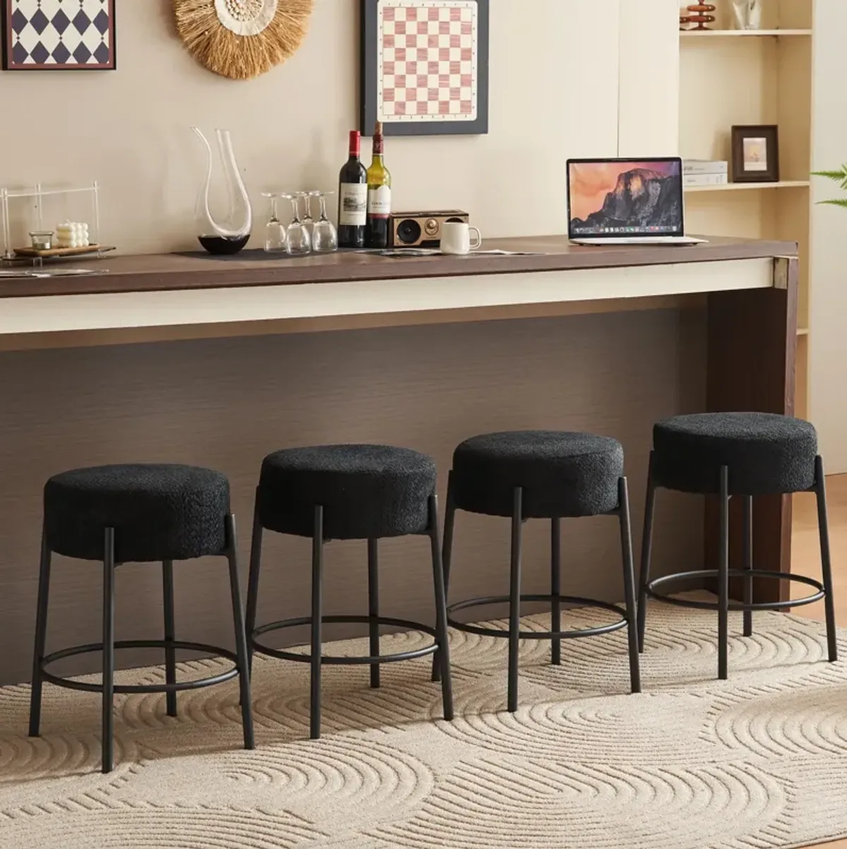 Round Bar Stools (Set of 2), Contemporary Upholstered Dining Stools For Kitchens, Coffee Shops And Bar Stores