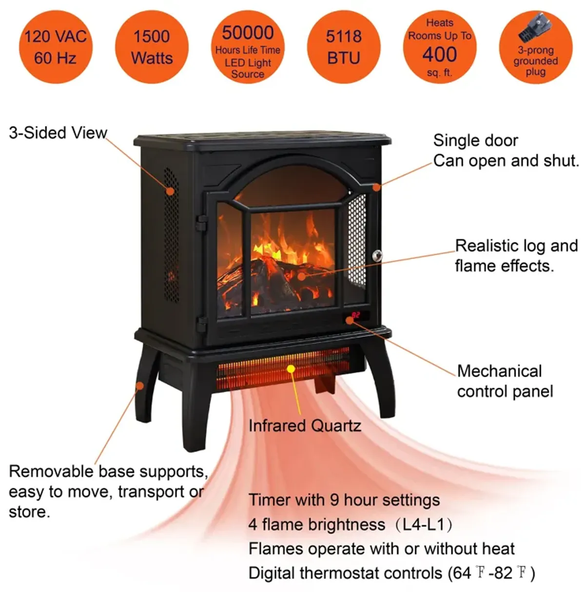 3D Flame Electric Infrared Quartz Fireplace Stove With Remote Control