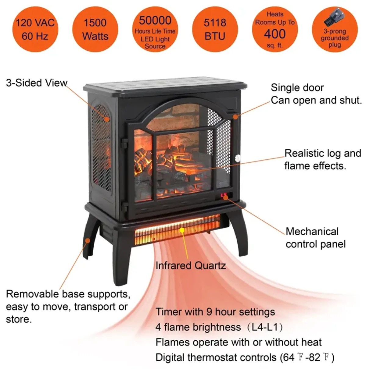 3D Flame Electric Infrared Quartz Fireplace Stove With Remote Control