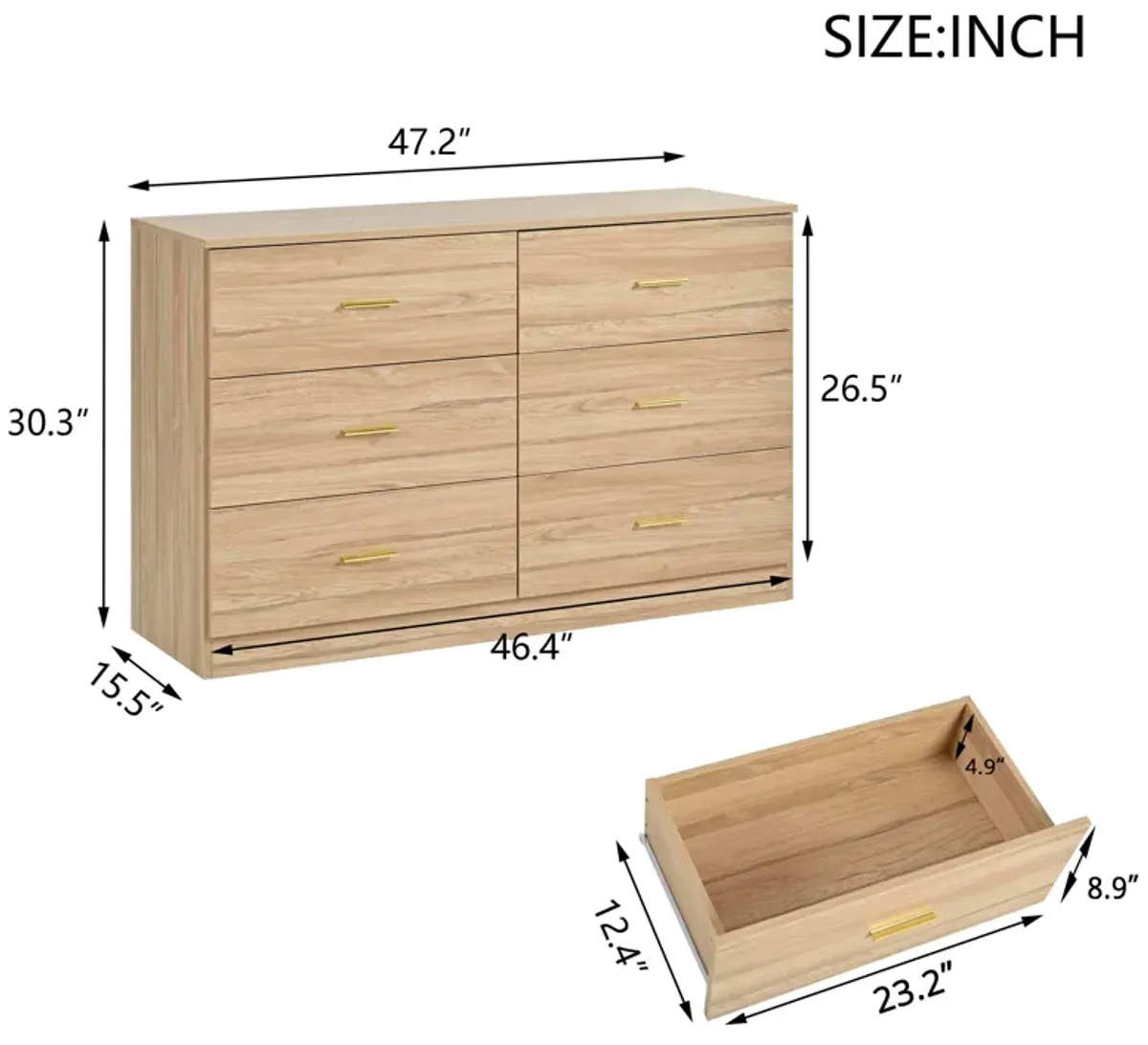 Modern 6 Drawer Dresser For Bedroom, Ample Storage Wide Chest Of Drawers, Sturdy & Safe