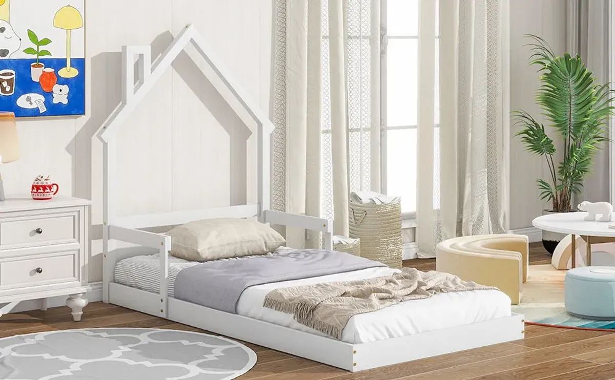 Twin House-Shaped Headboard Floor Bed With Handrails, Slats