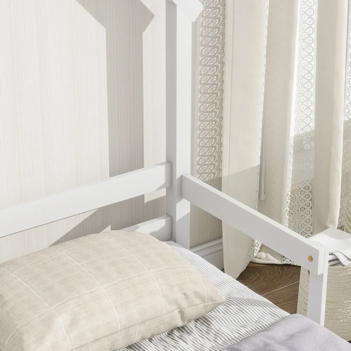 Twin House-Shaped Headboard Floor Bed With Handrails, Slats