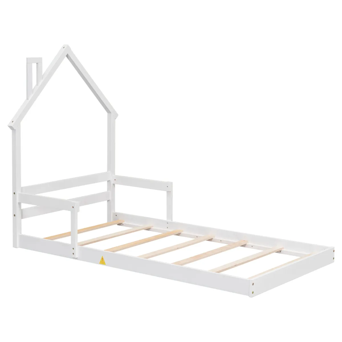 Twin House-Shaped Headboard Floor Bed With Handrails, Slats