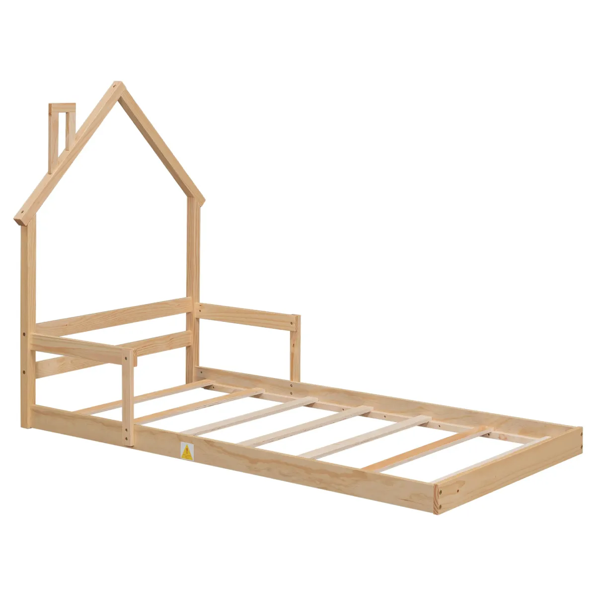 Twin House-Shaped Headboard Floor Bed With Handrails, Slats