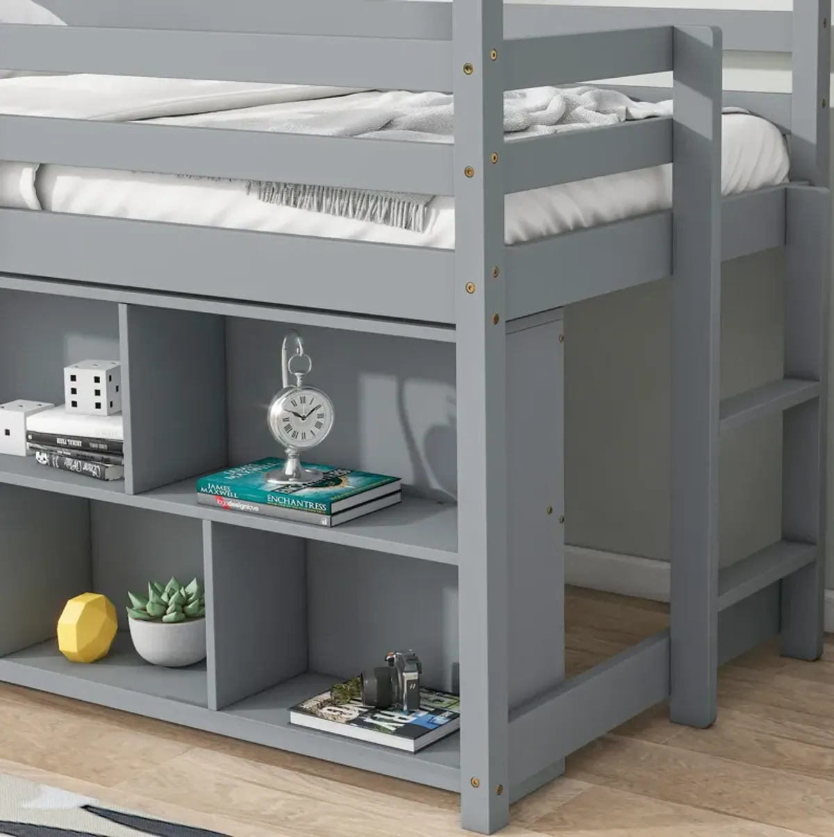 House Loft Bed With Roof Frame, Under Bed Shelving Storage Unit, Guardrails, Ladder