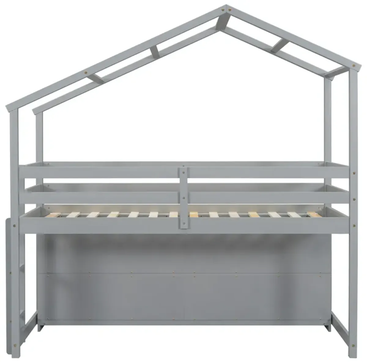 House Loft Bed With Roof Frame, Under Bed Shelving Storage Unit, Guardrails, Ladder