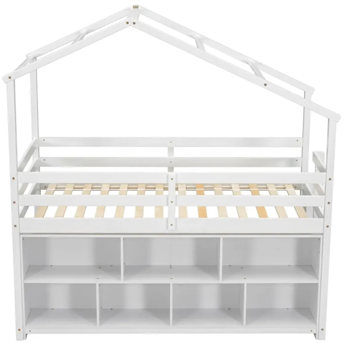 House Loft Bed With Roof Frame, Under Bed Shelving Storage Unit, Guardrails, Ladder