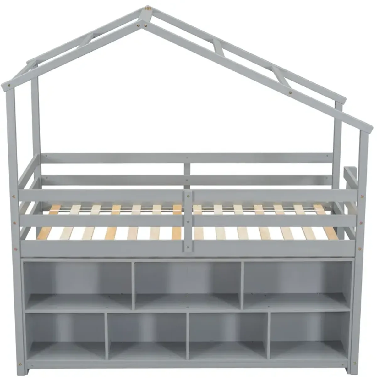 House Loft Bed With Roof Frame, Under Bed Shelving Storage Unit, Guardrails, Ladder