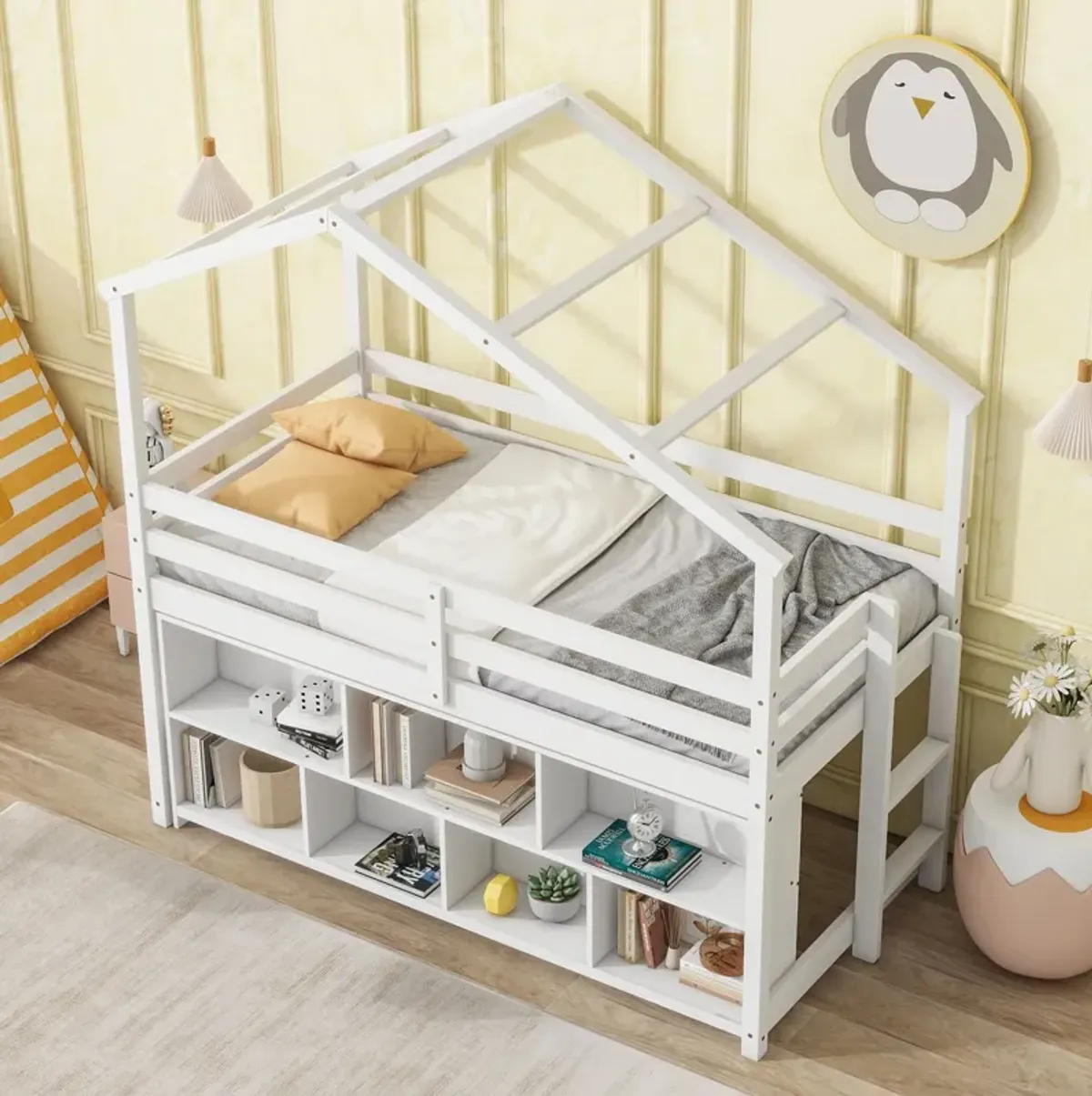 House Loft Bed With Roof Frame, Under Bed Shelving Storage Unit, Guardrails, Ladder