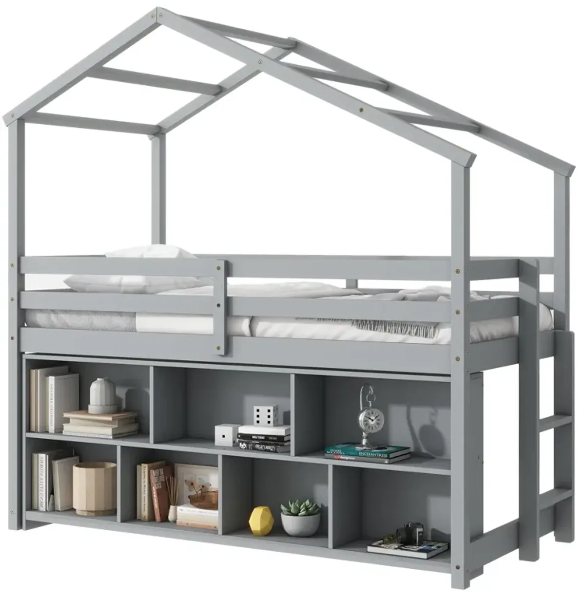 House Loft Bed With Roof Frame, Under Bed Shelving Storage Unit, Guardrails, Ladder