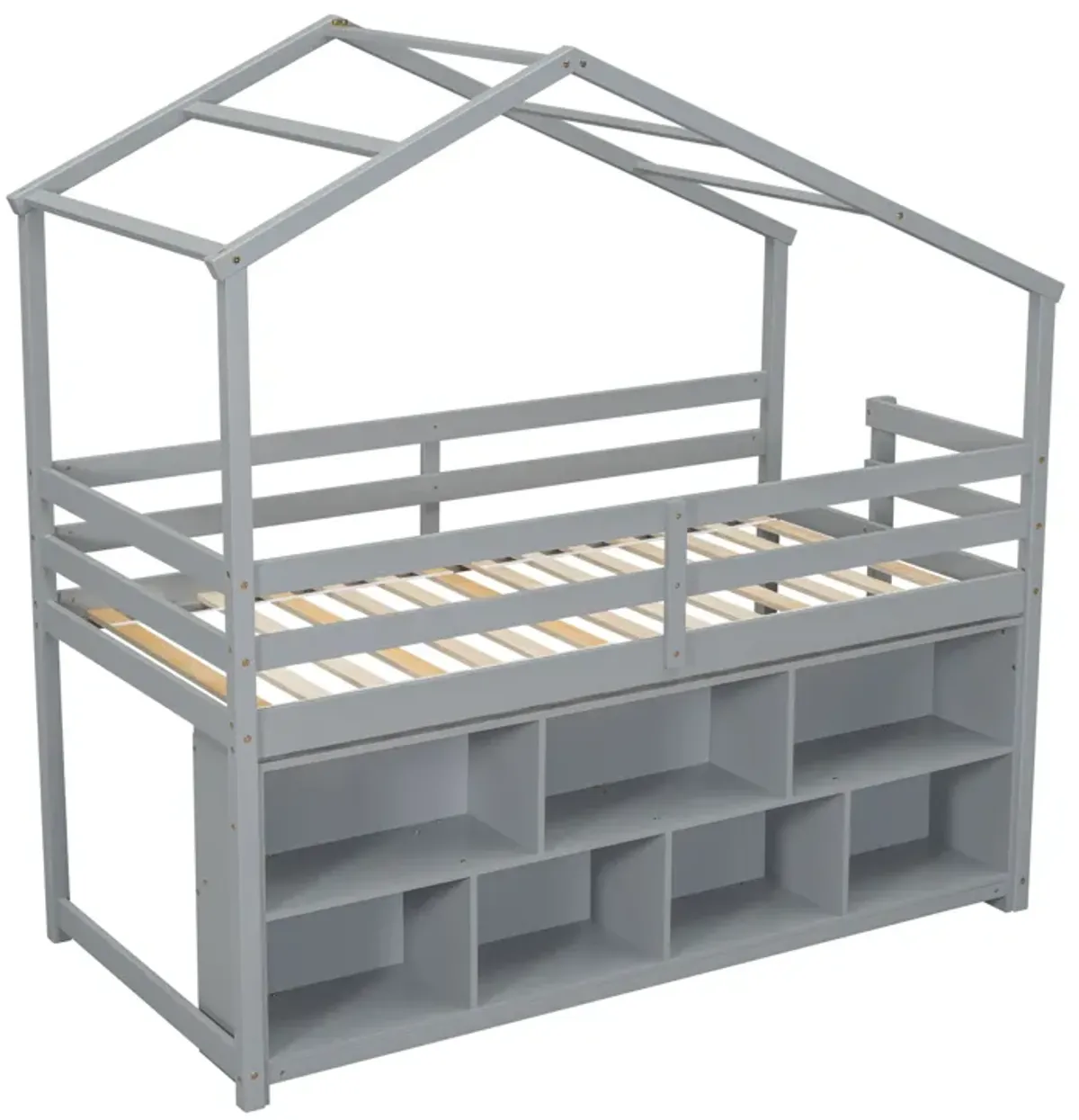 House Loft Bed With Roof Frame, Under Bed Shelving Storage Unit, Guardrails, Ladder