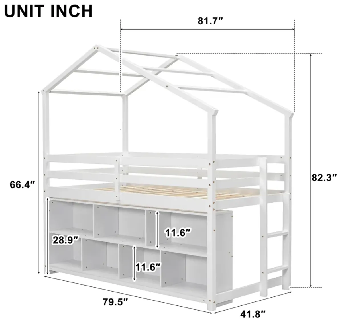 House Loft Bed With Roof Frame, Under Bed Shelving Storage Unit, Guardrails, Ladder