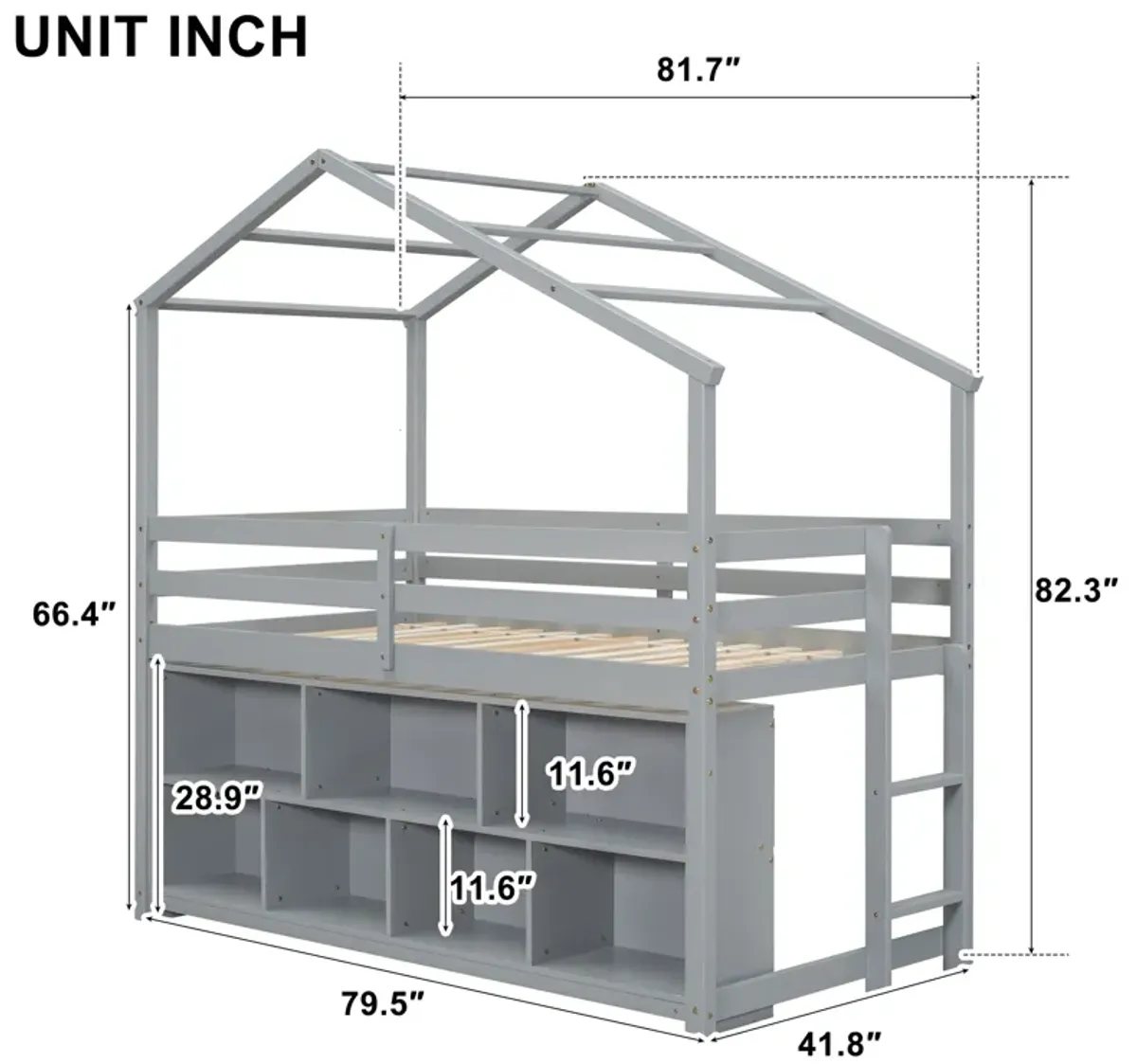 House Loft Bed With Roof Frame, Under Bed Shelving Storage Unit, Guardrails, Ladder