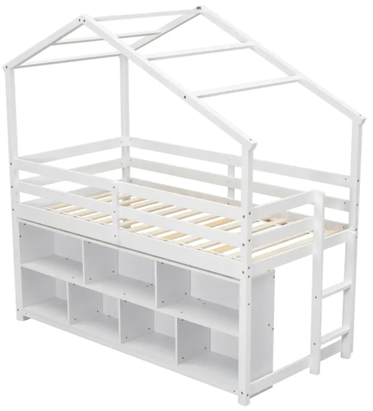 House Loft Bed With Roof Frame, Under Bed Shelving Storage Unit, Guardrails, Ladder