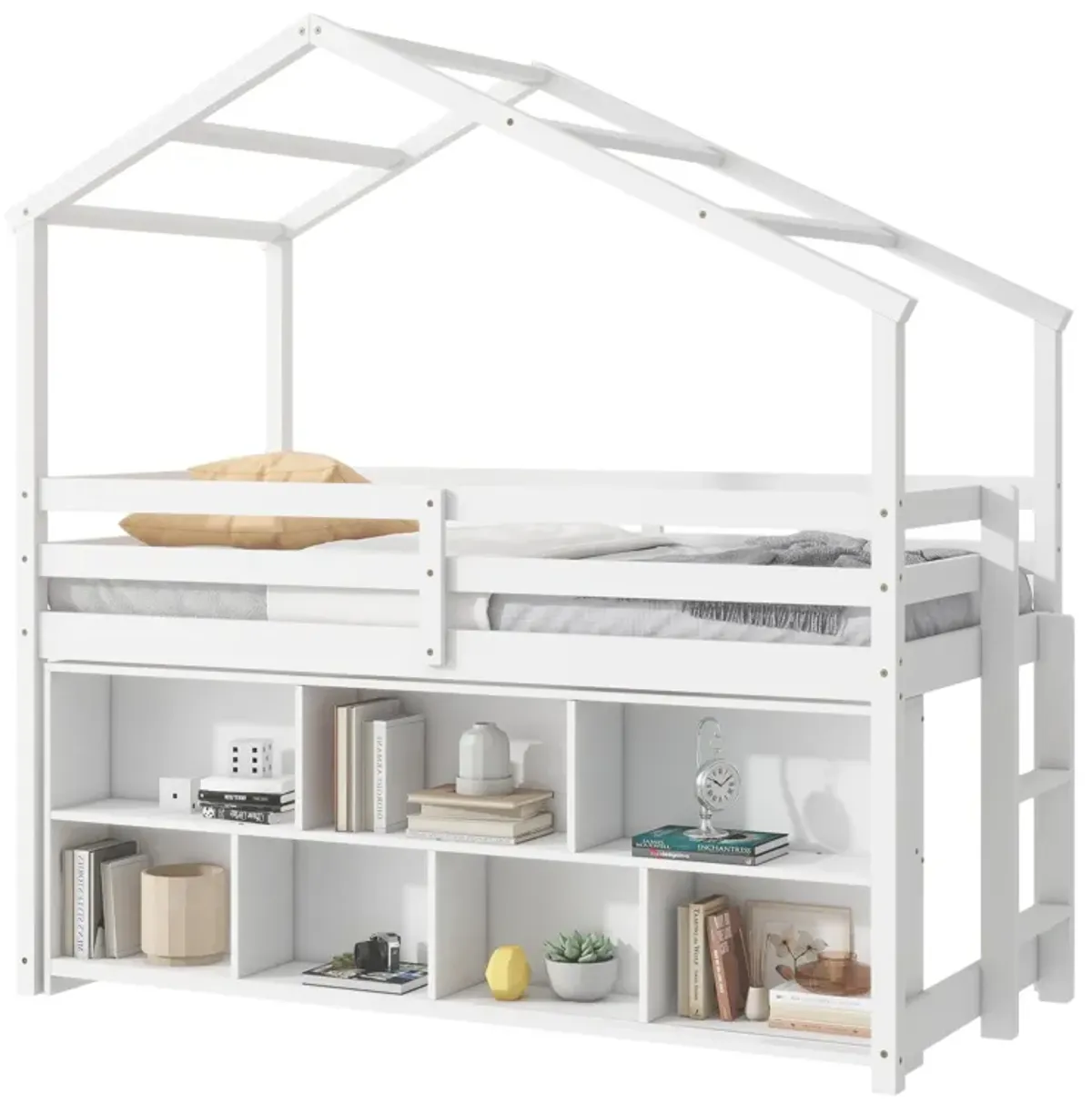 House Loft Bed With Roof Frame, Under Bed Shelving Storage Unit, Guardrails, Ladder