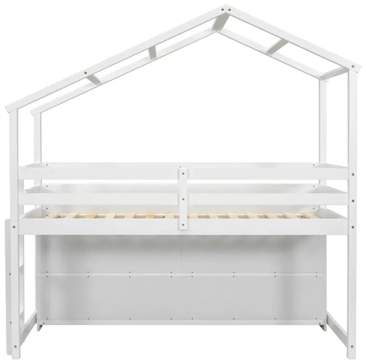 House Loft Bed With Roof Frame, Under Bed Shelving Storage Unit, Guardrails, Ladder