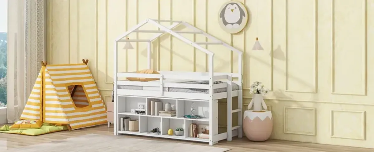 House Loft Bed With Roof Frame, Under Bed Shelving Storage Unit, Guardrails, Ladder